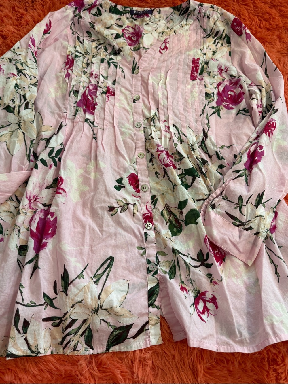 Roaman's Pink Floral Button-Front Blouse